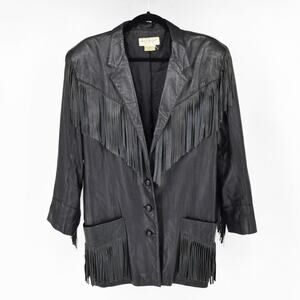 NANCY HELLER Leather Vintage Black Fringe Leather Blazer Jacket